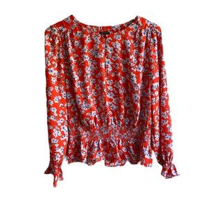 Ann Taylor Red Floral Blouse Size M Smocked Waist Keyhole Neck Ruffle Office Top